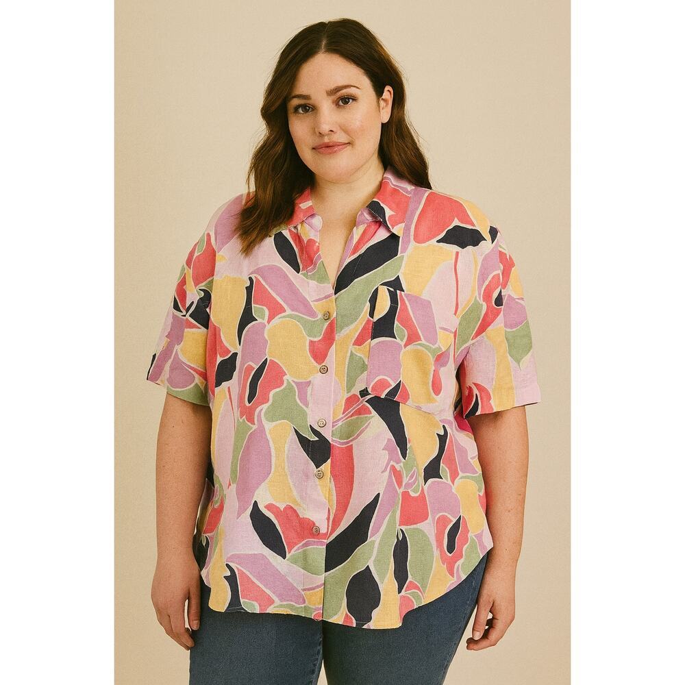 NEW Easel linen blend Colorful bright short sleeve button up floral pastel 1X